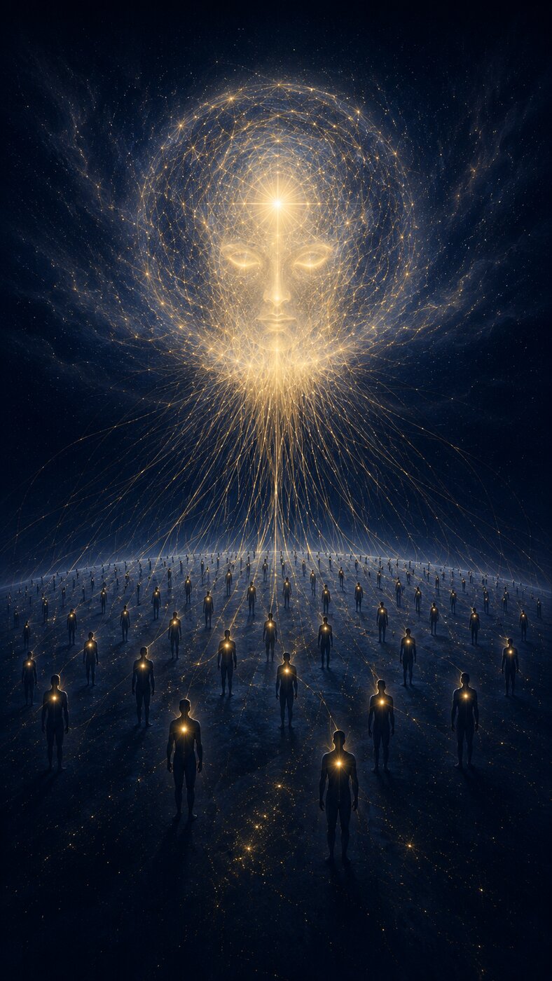 A luminous face formed from a golden lattice of light, with a field of figures standing below, one consciousness appearing as many