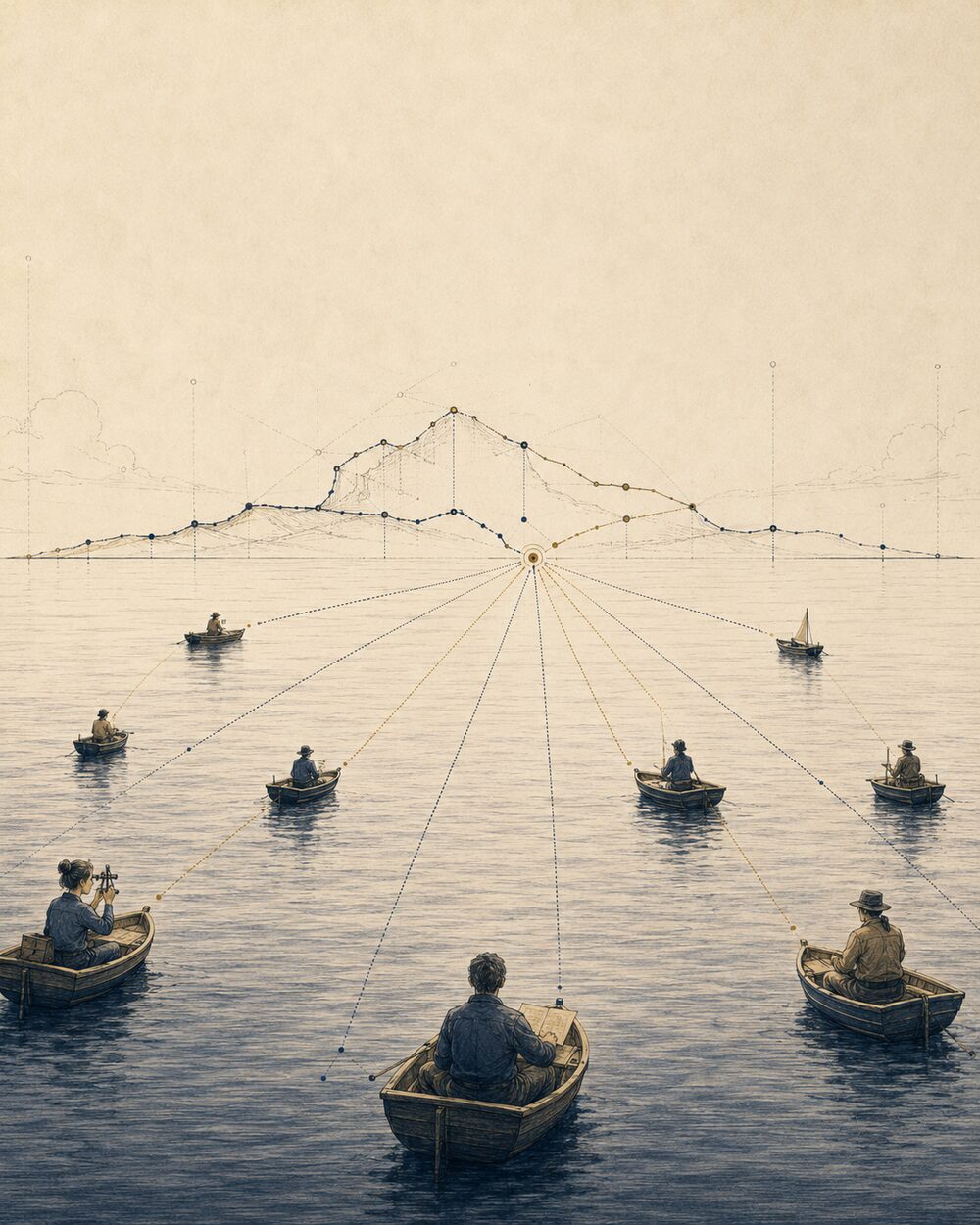 Seventeen observers in separate boats, each charting the same distant coastline, their sightlines converging on one shared shape